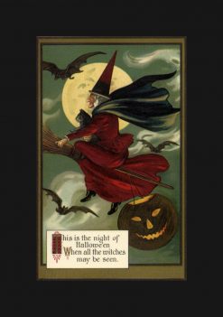 Vintage Halloween Witch Riding a Broom with Cat PNG Free Download