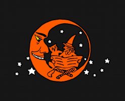 Vintage Witch and Cat Reading on Crescent Moon PNG Free Download